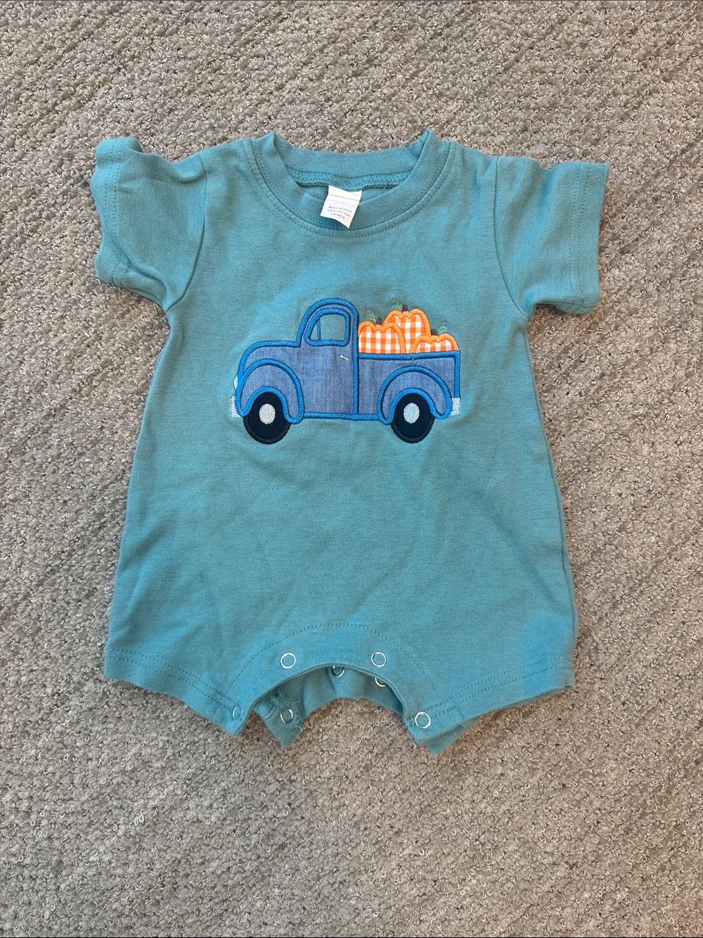 Blue Baby Romper with Truck and Pumpkins Patch Size 3-6 Months